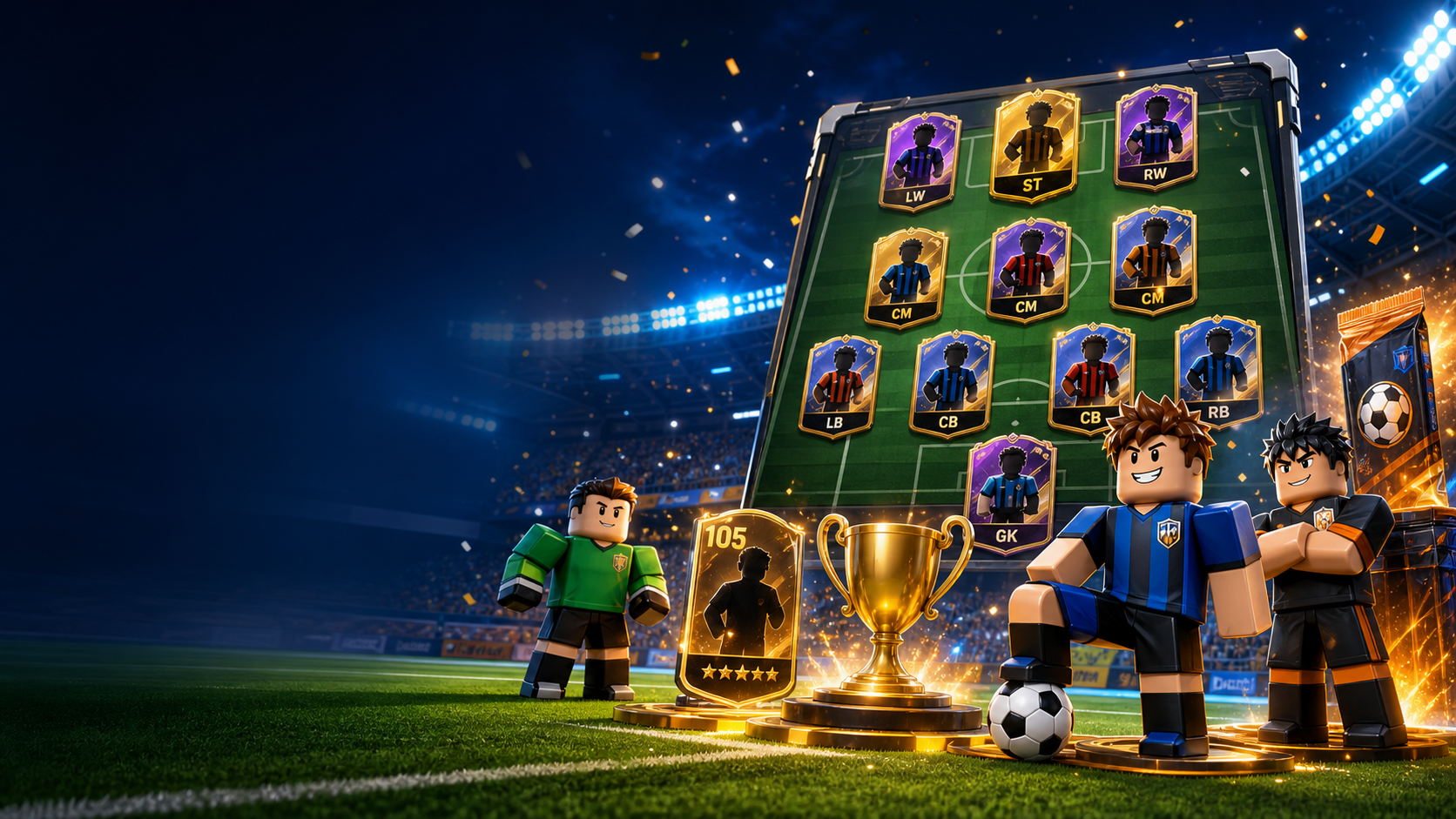 Roblox-style soccer squad cards, Cup trophy, and formation board
